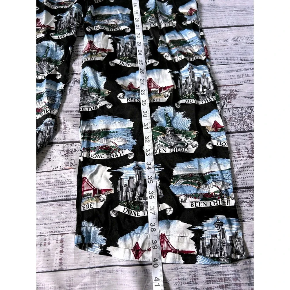 Joe Boxer VTG 100% Silk Pajama Set Men Black Novelty Travel Landmark Print Large